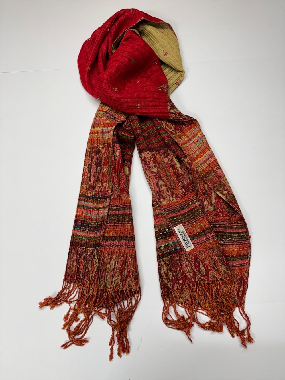 Pashmina Red & Orange Patterned Fringe Wrap